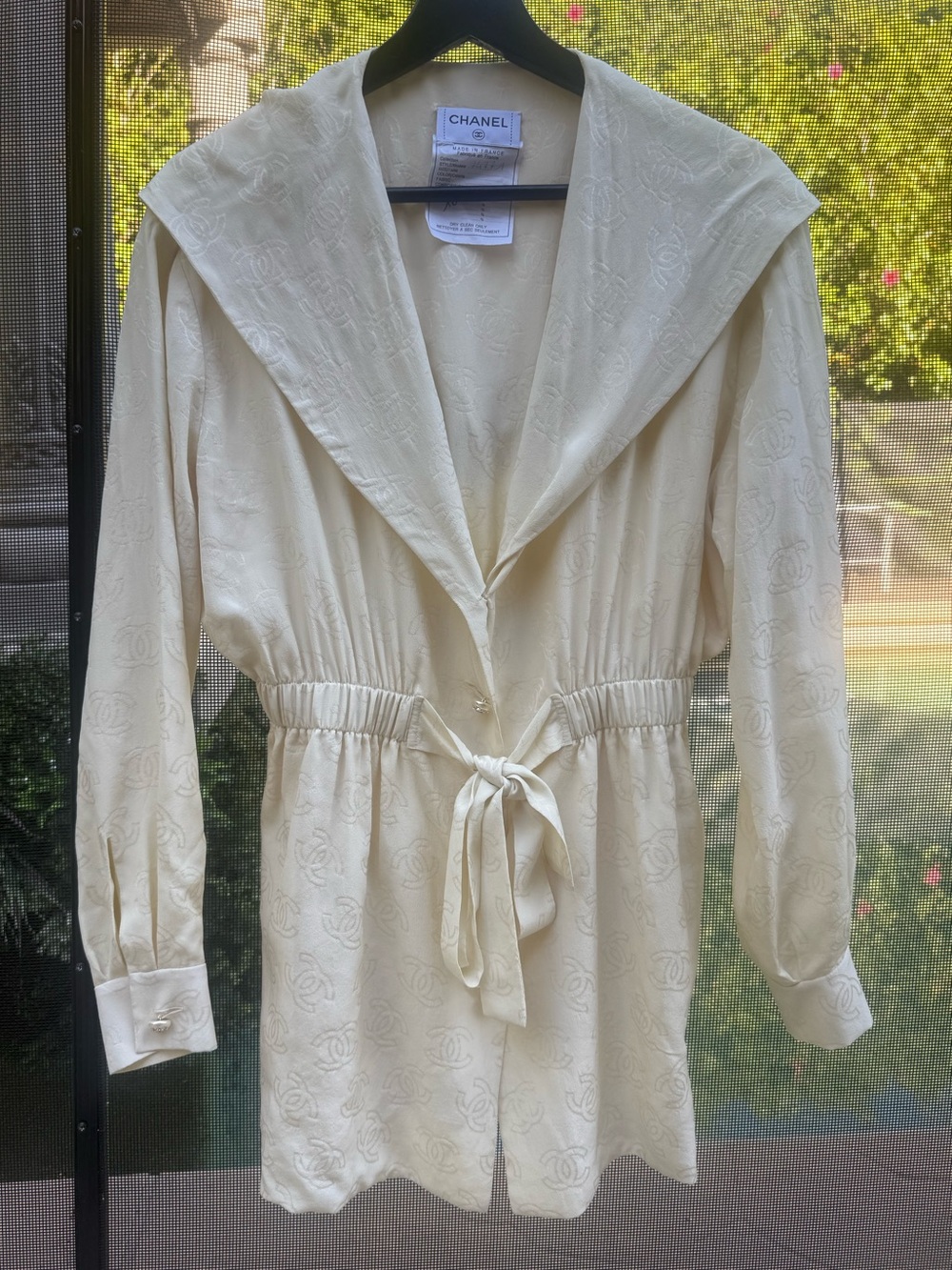 Authentic White cream silk blouse mini dress Chanel